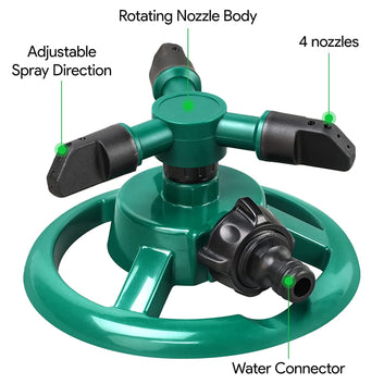 SS Automatic 360° Lawn Sprinkler 3 Arm 4 Nozzle for Watering Garden Plants/Pipe Hose Irrigation Yard Water Sprayer